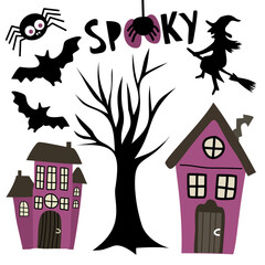 vector illustration halloween house with tree and bats