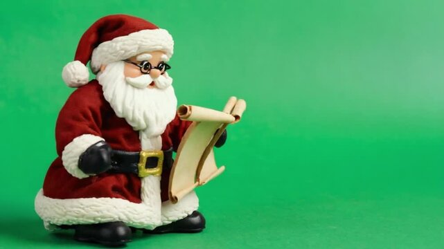 Santa figurine holding a list on a green background for christmas holiday celebration season christmas green screen video