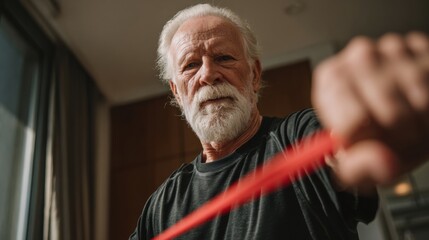 Senior Man Exercises With Resistance Band in a Bright Indoor Setting Focused on Fitness and Well-Being