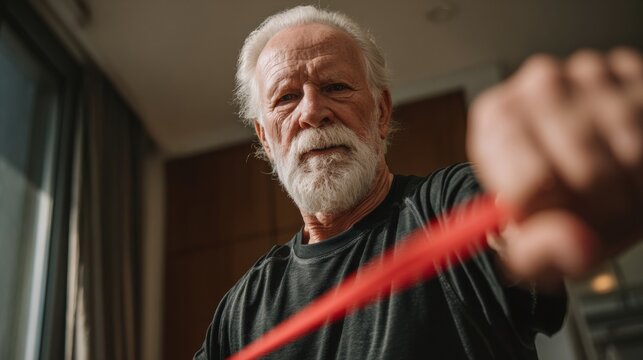 Senior Man Exercises With Resistance Band in a Bright Indoor Setting Focused on Fitness and Well-Being