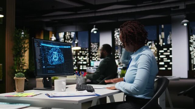 Young female analyst uses AI neural networks for data mining and optimization, working in a multinational company with automation tools. Artificial intelligence digital tools for success. Camera A.