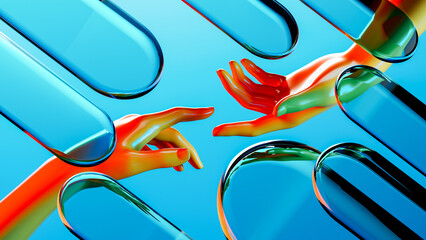 Liquid crystals surrounding hands in vibrant display of color