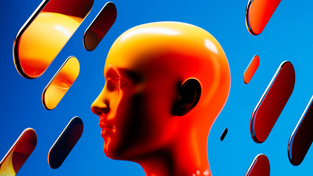 Liquid crystals envelop an abstract AI head