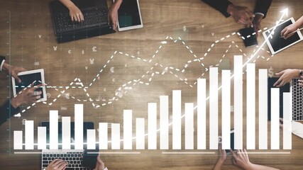 A business meeting scene featuring diverse hands engaged with digital devices on a wooden table. A rising graph overlay signifies growth and strategy. Copula - Powered by Adobe
