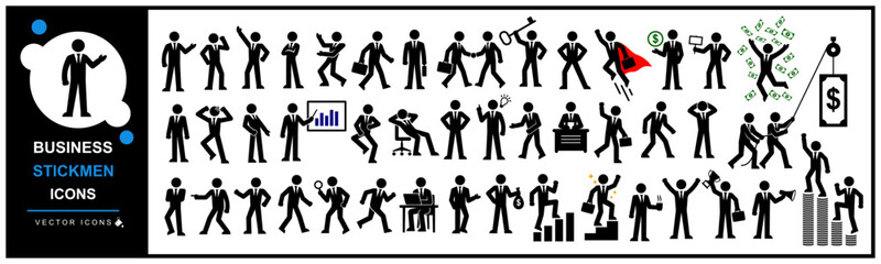 Fototapeta premium business stickman set in different posture and pose. silhouette businessmen in suit in different poses - for presentation and infographic uses. business, employee, office and company related stickman