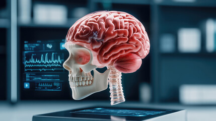 detailed anatomical model of human brain and skull, brain structure and connections. This educational illustration highlights complexity of human nervous system