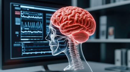detailed anatomical illustration of human brain and skull, highlighting neural connections and brain structure, set against digital medical display