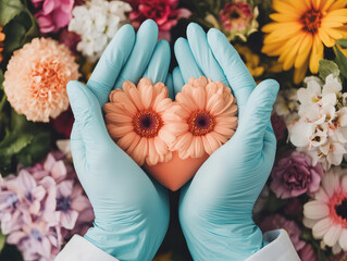 Hands in blue gloves forming heart shape with flowers, surrounded by colorful blooms, convey message of love and care. This vibrant composition highlights beauty of nature and compassion