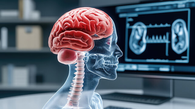 detailed anatomical illustration of human brain, its structure and connections, with medical monitor displaying brain scans background. This highlights complexity of human nervous