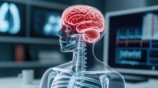 detailed anatomical illustration of human brain and spine, nervous system medical setting. image highlights brain structure and its connection to body, emphasizing health and science
