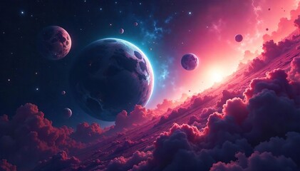 Vibrant Swirling Nebula Alien Planet with Multiple Moons Orbiting a Distant Star - A Fantastical Space Exploration Scene