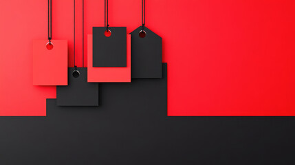 Minimalist design featuring black and red price tags hanging against vibrant background. contrast creates striking visual appeal, perfect for promotional materials