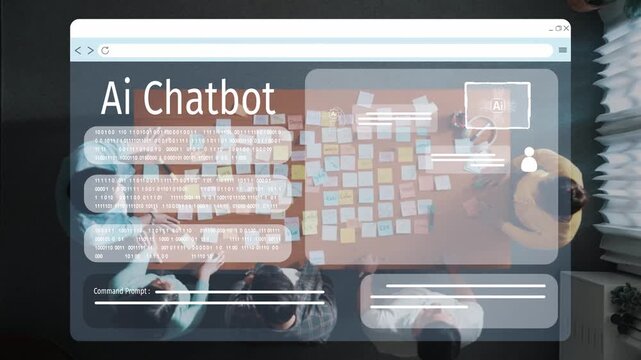 Aerial perspective of a diverse team collaborating on an AI chatbot project, surrounded by sticky notes and a digital interface showcasing conversation patterns and command prompts. Raster