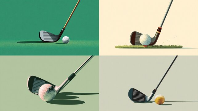 Four stylized golfing scenarios depict a club in action with a ball on varying backgrounds