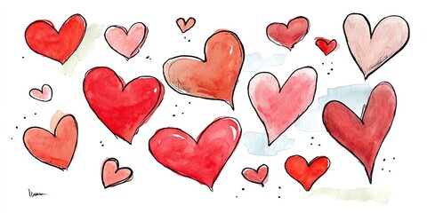 A vibrant watercolor illustration featuring various hearts in shades of red and pink, symbolizing love and affection.