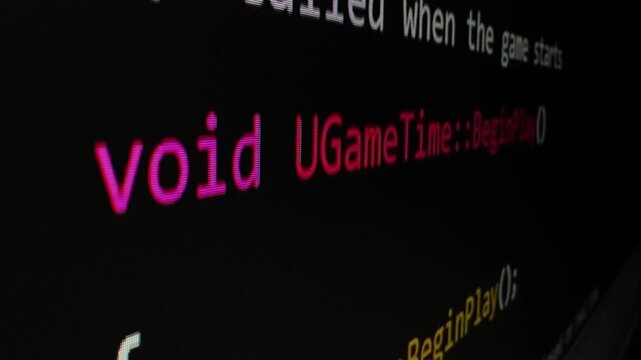 Closeup macro shot movement of coding script moving across LED screen with real-time AI-generated typing, showcasing advanced AI learning in optimization, debug and coding for software development.