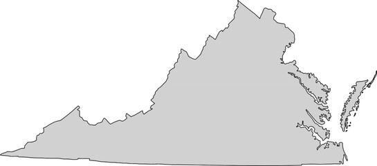 Detailed gray vector silhouette map of the Commonwealth of Virginia, an East Coast U.S. state, providing a solid fill without internal divisions for design and data visualization.

