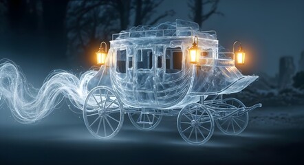 A beautiful ghostly carriage glides through a mesmerizing ethereal landscape, captivating