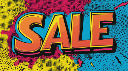 Bright and bold comic style text reading SALE in vibrant colors, perfect for promotions and advertisements. This eye catching design captures attention with its playful aesthetic