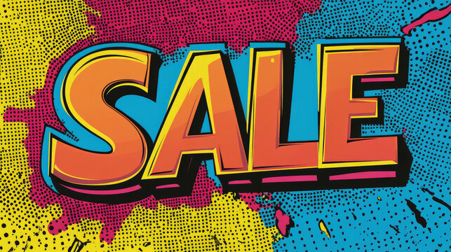 Bright and bold comic style text reading SALE in vibrant colors, perfect for promotions and advertisements. This eye catching design captures attention with its playful aesthetic