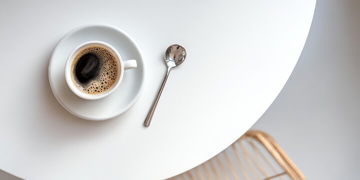 Aesthetic coffee cup with spoon on a minimalist white table. Perfect for morning routines and cozy coffee moments.