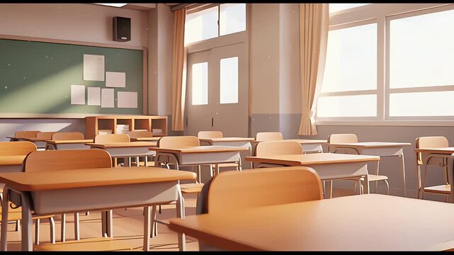 Sunny Empty Classroom with Rows of Desks and Chalkboard in Soft Light