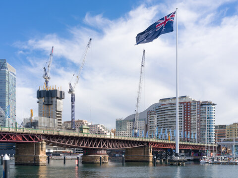 Construction and Skyline View by the Water in Sydney Darling Harbour