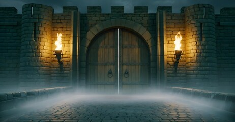 The Castle Gateway at Night, beautifully adorned with glowing torches surrounded by fog