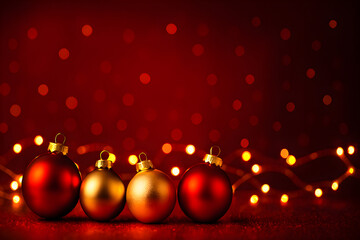 Fototapeta premium Elegant Red and Gold Christmas Baubles with Warm Holiday Lights Background
