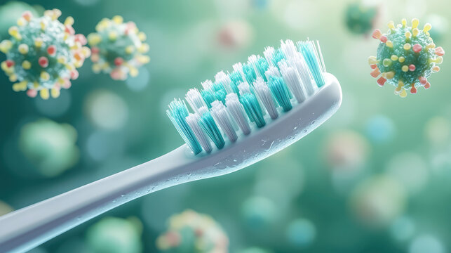 toothbrush with bristles in focus, surrounded by colorful virus like particles, symbolizes dental hygiene and health. image conveys sense of cleanliness and protection against germs