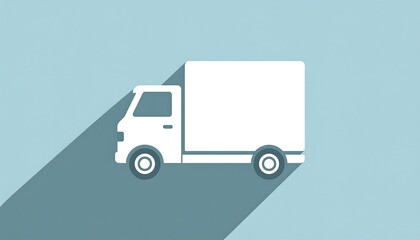 White Delivery Truck with Long Shadow on Blue Background.