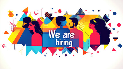 We are hiring graphic design illustration featuring diverse people in vibrant colors and geometric shapes, conveying sense of teamwork and opportunity