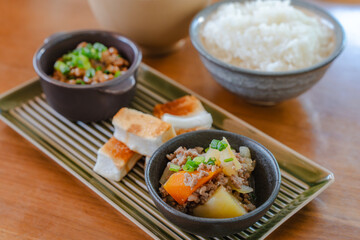 Japanese breakfast with rice, miso soup and natto
