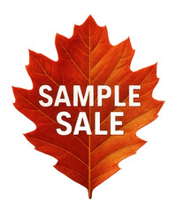 Orange leaf sticker with SAMPLE SALE offer in bold white text, vibrant retail discount promo on transparent background.