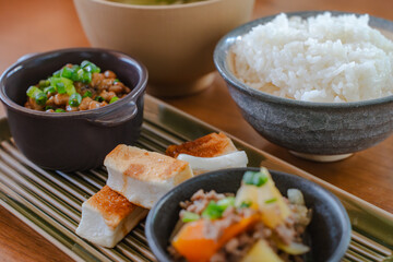 Japanese breakfast with rice, miso soup and natto
