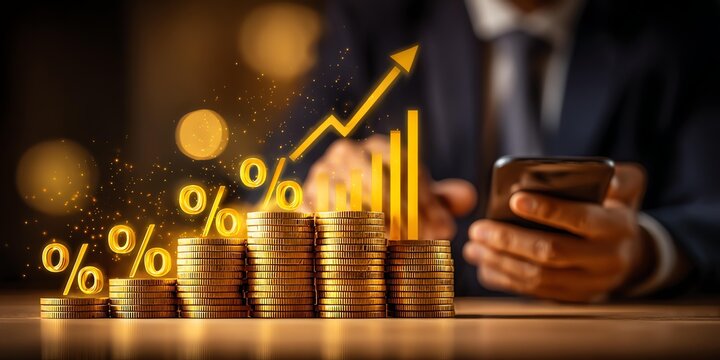 Close-up of a business professional analyzing financial growth with smartphone and stacks of coins, representing investment success.