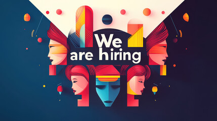 We are hiring graphic design illustration featuring diverse faces and vibrant colors. This modern artwork captures attention and conveys sense of opportunity and creativity