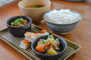 Japanese breakfast with rice, miso soup and natto
