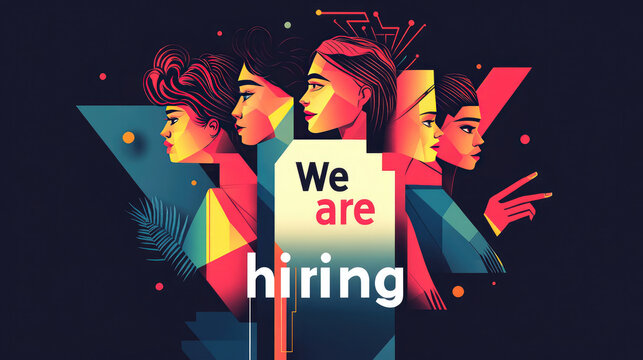 We are hiring graphic design illustration featuring diverse women in profile. vibrant colors and geometric shapes create engaging visual for recruitment