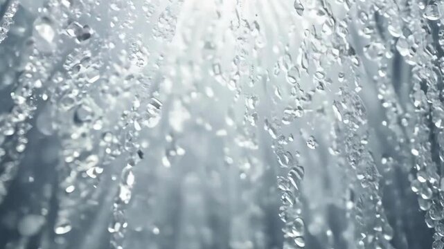 A dynamic and refreshing macro video of a continuous stream of clean water or clear liquid droplets falling against a bright, clean background with light reflections