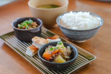 Japanese breakfast with rice, miso soup and natto

