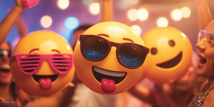 Colorful emoji faces with sunglasses, radiating fun and joy at a vibrant party atmosphere, perfect for celebrating happiness. - Powered by Adobe