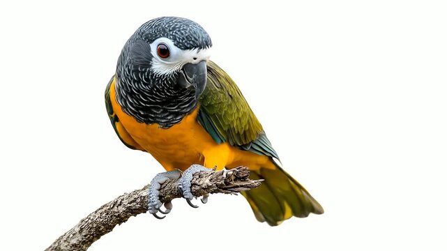 Perching Parrot Closeup on Branch Isolated on White