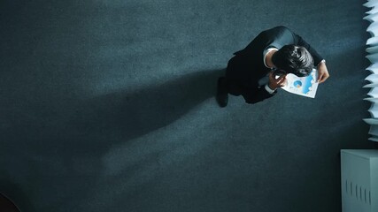 Top view of leader calling phone while project manager give financial document. Businessman talking to investor to brainstorm idea by phone while looking at data analysis. Time lapse. Directorate. - Powered by Adobe