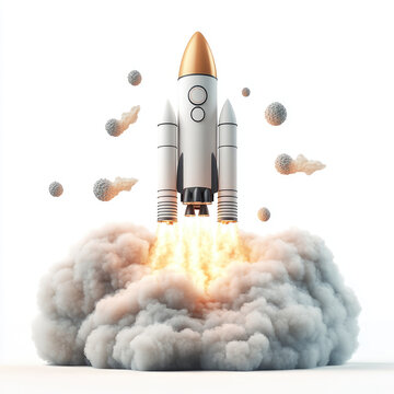 rocket launching into space, surrounded by clouds and particles, symbolizes exploration and innovation. powerful flames and smoke create dynamic scene of excitement and adventure