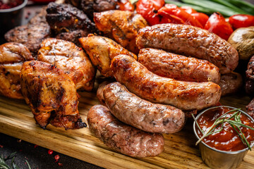 Mixed grilled meat platter with sausages and chicken