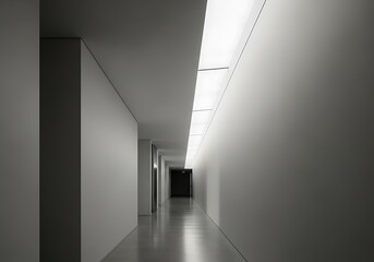 Minimalist interior corridor showcases architectural precision and stark lighting design, emphasizing perspective and