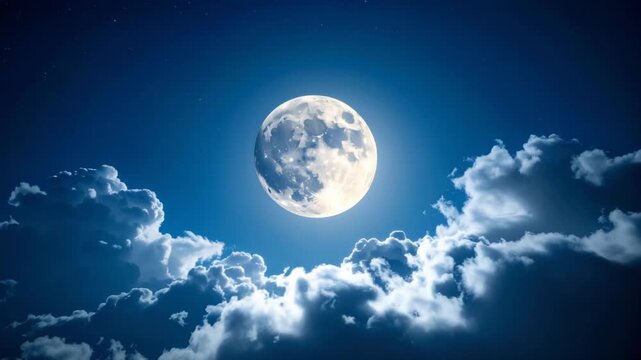 Bright full moon shining in the night sky above layered clouds