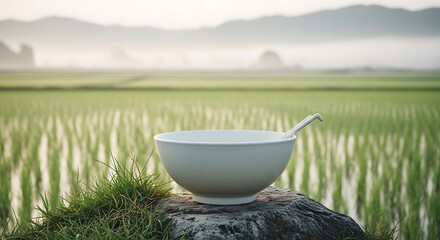 Serene breakfast scenery: A bowl with chopsticks overlooking a misty rice field at dawn for a calm start