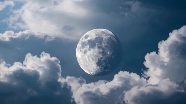 Full moon in a cloudy night sky with detailed textures and soft glow